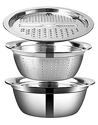 Kitchen Multipurpose Grater Bowl with Drain Colander Grater Mesh Basket 3 in 1 Stainless Steel Basin Vegetable and Fruit Washing Bowl Strainer Cutter Salad Maker Set (26cm)