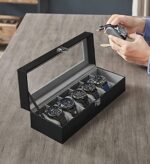 Kriq 6 Slot Watch Box, Watch Storage Case And Watch Organizer Display Collection Box With Transparent Glass With Removable Watch Pillow, Velvet Lining, Metal Clasp, Watch For Men's & Women's Gift