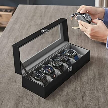Kriq 6 Slot Watch Box, Watch Storage Case And Watch Organizer Display Collection Box With Transparent Glass With Removable Watch Pillow, Velvet Lining, Metal Clasp, Watch For Men's & Women's Gift