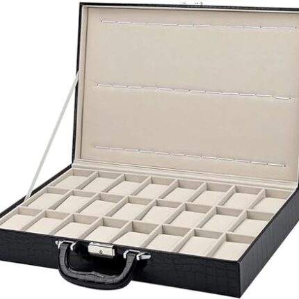 Kriva PU Leather 36 Slots Watch Organizer Box | Suitcase Watch Storage Box with 24 Removable Pillow & 12 Band Strap Slots | Large Capacity Lockable Watch Storage Case for Men/Women (Black)