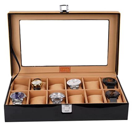 LEDO Watch Box Case Organizer in 12 slots of Watches for Men and Women with Transparent Look Display(Wood, Faux Leather & Glass)