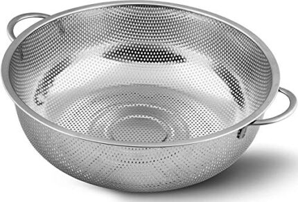 Lariox Multipurpose Stainless Steel Colander Strainer Drainer with Handle for Rice Fruits Vegetable Noodles Pasta Beans Grains Washing Filter Basket for Kitchen Bowl Storing and Straining Purpose