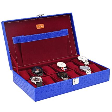 Ledo Watch Box Organizer Storage Case For Men And Women In With 12 Slots Of Watches In Royal Blue Color - Leather