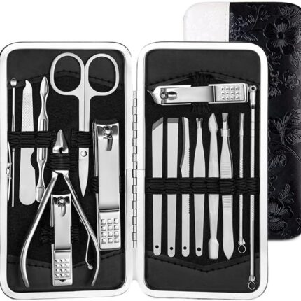 Leticia Manicure Set 16pc Professional pedicure manicure kit Leticia Stainless steel Nail clippers Grooming Kit With lightweight and beautiful Travel Case-Multicolor