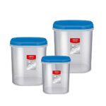 MILTON Quadra Modular Multi-Purpose Plastic Containers with Lid, Set of 3 (2L, 3L & 4L) Kitchen Storage Container Set for Spices, Atta, Grains Organizers, Transparent Dabba, Blue