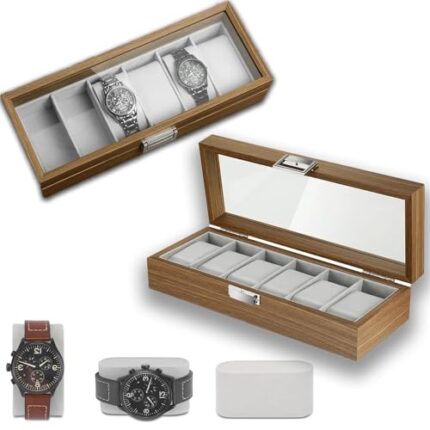 Magnova 6 Slots Watch Box Organizer,Wooden Watch Storage Box with Large Glass Display Men's and Women's Watch Box Holder Organizer Case with Removable Pillows,Jewelry Bracelet Collection Box