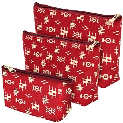 NISUN Small Canvas Set of 3 Multipurpose Travel Pouch, Pouch for Cosmetic stuffs, Women Makeup Organizer Bag, Aesthetic and Trendy,(in Red Color with Golden Print) (24 X 14 X 6 cm)