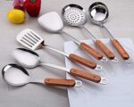 Naidev 6 Piece Kitchen Cooking Stainless Steel Utensils Set Wooden Handle Cooking Tools Gadgets Spatula Set with Hook,Shovel,Slotted Turner,Slotted Skimmer,Ladle,Rice Spoon and Cooking Spoon