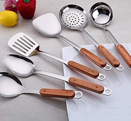 Naidev 6 Piece Kitchen Cooking Stainless Steel Utensils Set Wooden Handle Cooking Tools Gadgets Spatula Set with Hook,Shovel,Slotted Turner,Slotted Skimmer,Ladle,Rice Spoon and Cooking Spoon