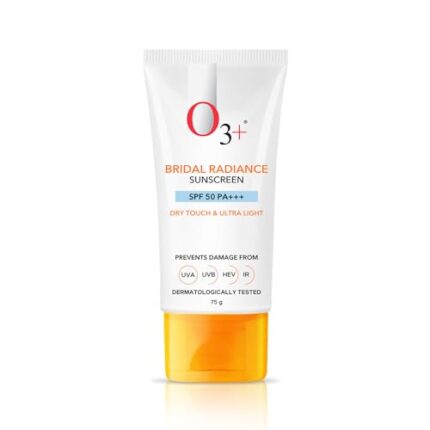 O3+ Bridal Radiance Sunscreen SPF 50 PA +++ Dry Touch & Ultra Light Non-greasy and leaves no white cast Prevents Damage From UVA | UVB | HEV | IR | Dermatologist Tested | 75g