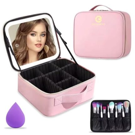 Oceanevo Small Cosmetic Organizer Bag with Rechargeable LED Mirror and Makeup Sponge Included, Makeup Vanity Box with 3 LED Brightness Modes and Adjustable Dividers - 26 x 23 x 11 Cm - Rose Gold PU