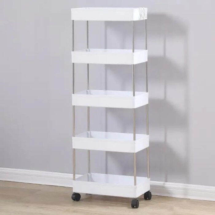 PULSBERY Multipurpose Storage Organizer Slim Rack Shelf with Wheels or Living Room or Office or Bed Room, Bath Room, Kids Room, Kitchen Trolley (White, 5 Layer)