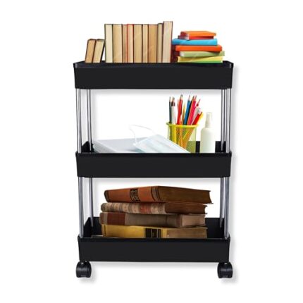 PULSBERY Plastic Multipurpose Storage Organizer Slim Rack Shelf With Wheels Or Living Room Or Office Or Bed Room, Bath Room, Kids Room, Kitchen Trolley (Black, 3 Layer)