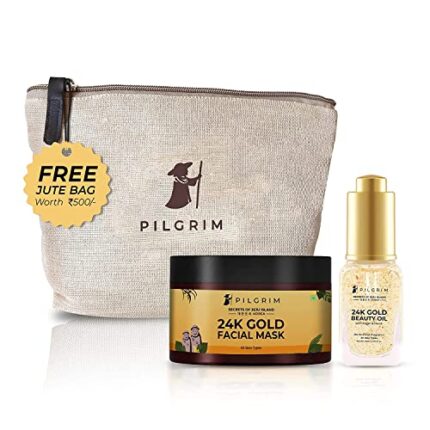 Pilgrim 24K Gold Facial Kit | Dewy Glass Skin Finish | Facial kit for Radiant Look | 24K Gold Face Mask Pack 50gm | 24K Gold Beauty Oil 20ml | Korean Skin Care | For Women & Men | FREE JUTE BAG