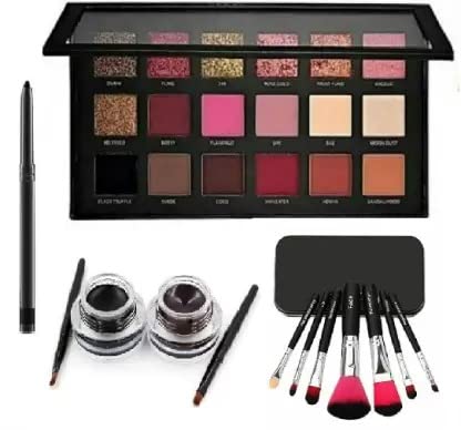 Plethora Combo of Kajal & Black & Brown Gel Eyeliner & Long Lasting Set of 7 Beauty Makeup Brush & Rose Gold Eyeshadow Palette (11 Items in the set)