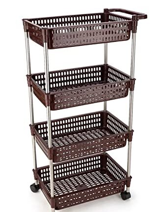 Privesh Plastic-Stainless Steel Fruit & Vegetable 4 Stand Kitchen Trolley|Fruit Basket|Vegetable Basket|Onion Potato Rack For Kitchen|Vegetable Stand For Kitchen (4 Layer), 39 x 30 x 97 Centimeters