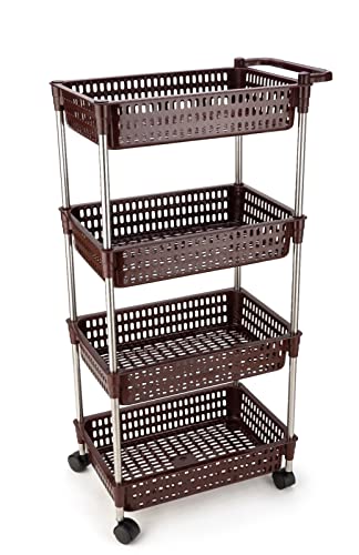 Privesh Plastic-Stainless Steel Fruit & Vegetable 4 Stand Kitchen Trolley|Fruit Basket|Vegetable Basket|Onion Potato Rack For Kitchen|Vegetable Stand For Kitchen (4 Layer), 39 x 30 x 97 Centimeters