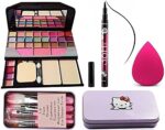 Qul.W TYA 6155 Multicolour Makeup Kit and 7 Pink Makeup Brushes Set, 36H Waterproof Eyeliner Pencil with Pink Beauty Blender - (Pack of 10)