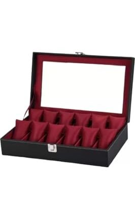 RBEEL Glass Top 12 Watch Black Leather Box Case Display Organizer Storage Tray for Men & Women (Black&Cherry)