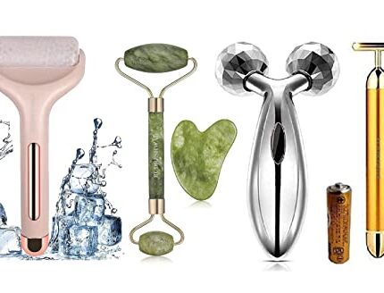 RUDRESHWAR Jade Roller and Gua Sha Tool 100% Natural Stone, Ice Roller Face Massager, 3D Face and Body Massager Roller, T Shape Gold Energy Beauty Bar Electric Vibration Facial Massage.
