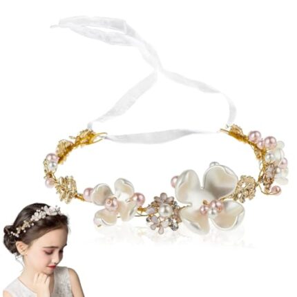 SANNIDHI® Flower Tiara for Girls Kids, Pearl Hairband Crowns for Girls 6 Years Old+, Stylish Wedding Hair Accessories, Gold Metal Princess Crown for Girls Dress Up Women Bridal Headpiece