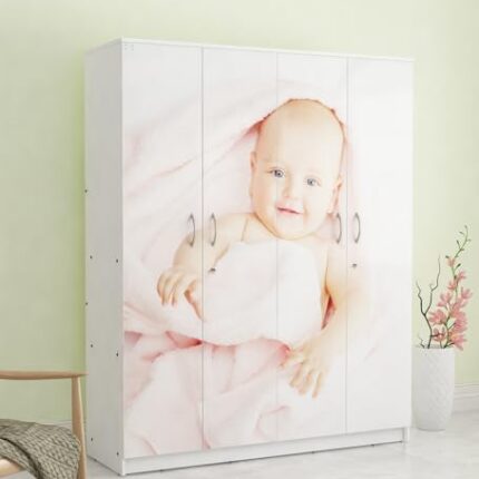 SIVOM Digital Printed Wardrobe | Kiddle Digital Printed Multipurpose 4 Door Closet | Engineered Wood 4 Door Wardrobe | Finish Color - White, Knock Down