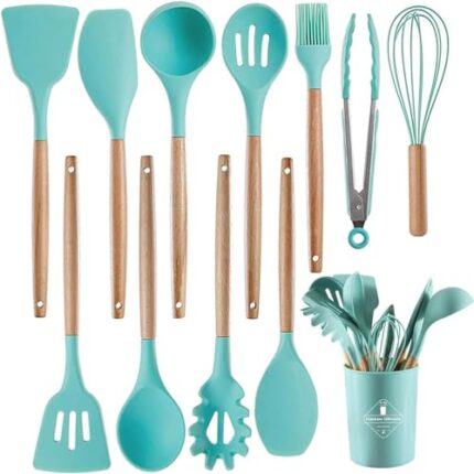 SKYTONE Silicone Kitchen Spatula and Utensils Spoon Set 12-Piece Silicone Kitchen Cooking Utensils Set, Non-Stick Utensils Set Heat Resistant Easy Clean, BPA Free Tools (Cyan, 12) (Green, 12)