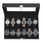 SONGMICS Watch Box, 12-Slot Watch Case with Large Glass Lid, Removable Watch Pillows, Watch Box Organizer, Gift for Loved Ones, Black Synthetic Leather, Black Lining UJWB012B01