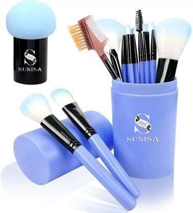 SUNISA Blue Soft Synthetic Bristle Light Weight Multipurpose Makeup Brushes Set of 12 and 1 Blue Mushroom Head Beauty Blender - (Pack of 13)