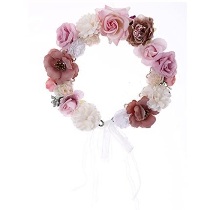 SYGA Women Rose Fabric Floral Crown Hair Wreath Leave Flower Headband Tiara with Adjustable Ribbon for Girls and Women - Pink, Beige and White