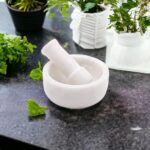 Saudeep India White Marble Granite Imam Dasta, Mortar and Pestle Set, Ohkli Musal, Kharal or khalbatta or Mixer and Grinder Set for Kitchen (White, 4x3 Inchs)