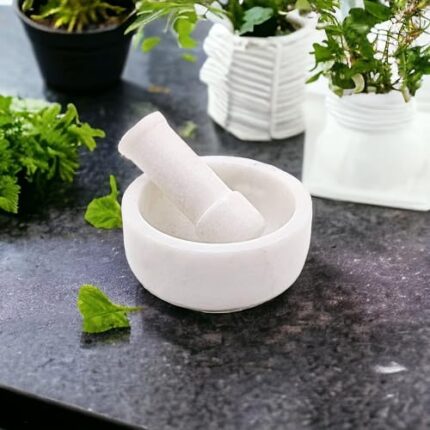 Saudeep India White Marble Granite Imam Dasta, Mortar and Pestle Set, Ohkli Musal, Kharal or khalbatta or Mixer and Grinder Set for Kitchen (White, 4x3 Inchs)