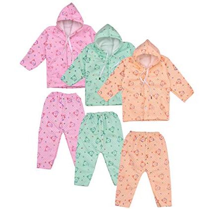 Shyamcollections Baby Boy and Girl Full Sleeves Soft Woolen Winter Sweatshirt Hooded, T-Shirt with Pyjama Pant Dress for Kids Infant Toddler New Born Winter Clothes-3 Sets (0-3 Months, Multicolour)