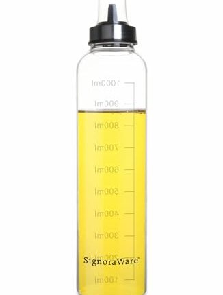 SignoraWare Even Flow 1000ml Borosilicate Glass Oil Dispenser and Pourer with Measurement, Transparent and pointer Oil Nozzle with Covering Lid, Leakproof Spill Proof, Easy Refill (1 litre, Set 1)
