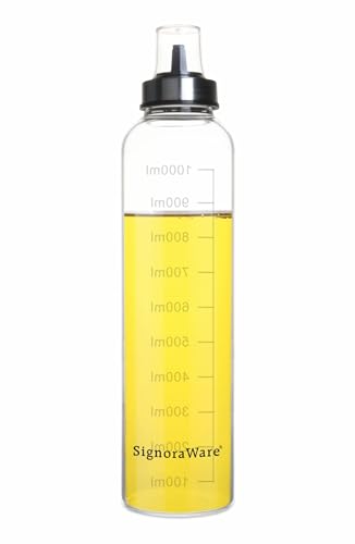 SignoraWare Even Flow 1000ml Borosilicate Glass Oil Dispenser and Pourer with Measurement, Transparent and pointer Oil Nozzle with Covering Lid, Leakproof Spill Proof, Easy Refill (1 litre, Set 1)