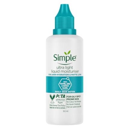 Simple Daily Skin Detox Ultra-light Liquid Moisturiser 60ml | For 24 Hr Hydration & Matte Look | For Oily, Pimple-Prone & Spot-Prone Skin