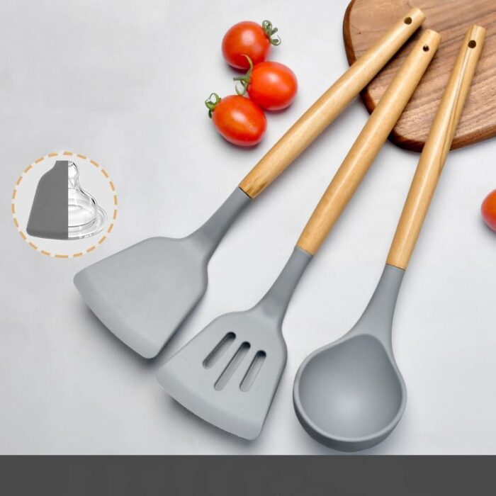 Spatula Turner Serving Cooking Spoon Silicon Spatula for Kitchen Spatula Silicone Set for Non Stick Pan Silicone Spatula Set with Wooden Handle for Kitchen 3 Set spatula (grey)