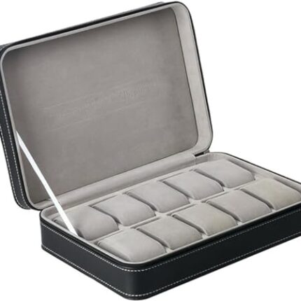 Styleys 10 Grids Faux Leather Watch Box Travel Watch Storage Case Zipper Watch Organizer - Black (W133)