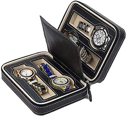 Styxon 4 Slot Black PU Leather Watch case Travel Watch Box, 17.5 X 8.5 X 5.6 cm, Black