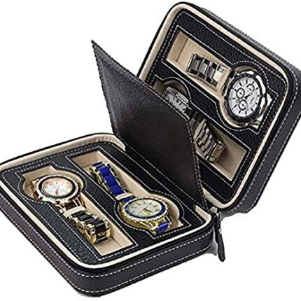 Styxon 4 Slot Black PU Leather Watch case Travel Watch Box, 17.5 X 8.5 X 5.6 cm, Black