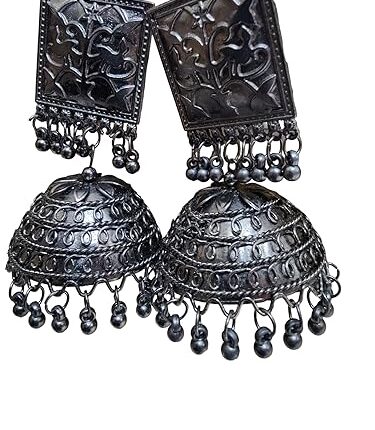 Swasti Mart Ethnic Black Long Oxidized Hoop Earrings Set, Lightweight Jhumki Jhumkas for Women
