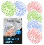 TRICSTER Shower Cap Set of 6 for Women, Reusable Waterproof Elastic Eva Free-Size Bathroom Shower Caps - For Homes, Spas, Salons, Hair Treatment, Beauty Parlors (Multicolored and Multi-design)