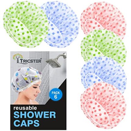 TRICSTER Shower Cap Set of 6 for Women, Reusable Waterproof Elastic Eva Free-Size Bathroom Shower Caps - For Homes, Spas, Salons, Hair Treatment, Beauty Parlors (Multicolored and Multi-design)