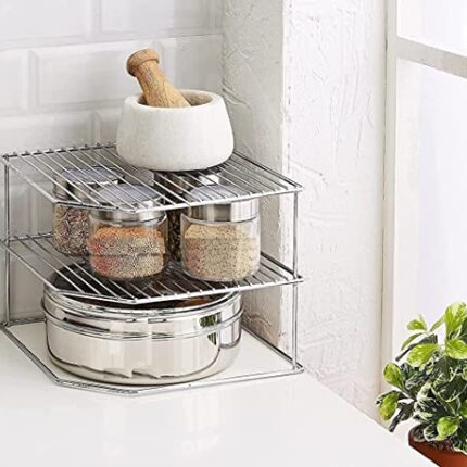 Techsrmaji 100% Stainless Steel Stand For Kitchen, Rust Free Rolling Pin And Chakla Stand Board Holder Wall Mount, Durable Kitchen Rack, 3 Tier Kitchen Rack (Corners Rack) - Corner Shelf