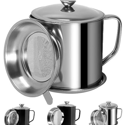 Tellshun Bacon Grease Container with Strainer 1.25 L / 42 oz Strong Kitchen Catcher Food-grade Stainless Steel Cooking Oil Keeper with Lid and Easy-Grip Handle Suitable for Storing Frying Oil
