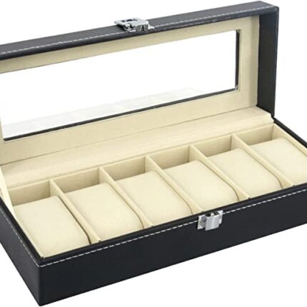 VATTU Faux Leather Watch Box 6 Slot Wrist Watch Storage Organizer Display Case (Black)