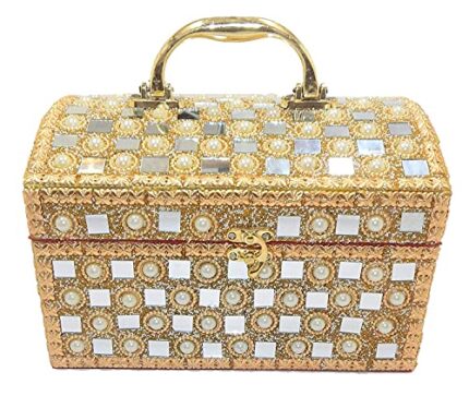 Vanity Make up Box with Pearl and Mirror Work| Golden Vanity Box for Bride| Beauty Box for Women| singardani Box for Women