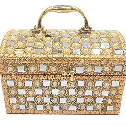 Vanity Make up Box with Pearl and Mirror Work| Golden Vanity Box for Bride| Beauty Box for Women| singardani Box for Women
