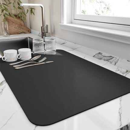 Waafy Dish Drying Mats for Kitchen Counter Coffee Mat Under Sink Mats for Kitchen Waterproof Dish Mat Drying Kitchen Mat Bar Mats for Countertop Coffee Bar Accessories (50 * 40 cm) (Black)