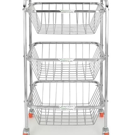 WayMore® Stainless Steel 3-Tier Rack Fruits & Vegetable Onion Trolley Container Basket Organizer Organiser Holder Stand for Kitchen with Wheel (3 Layer Trolley)